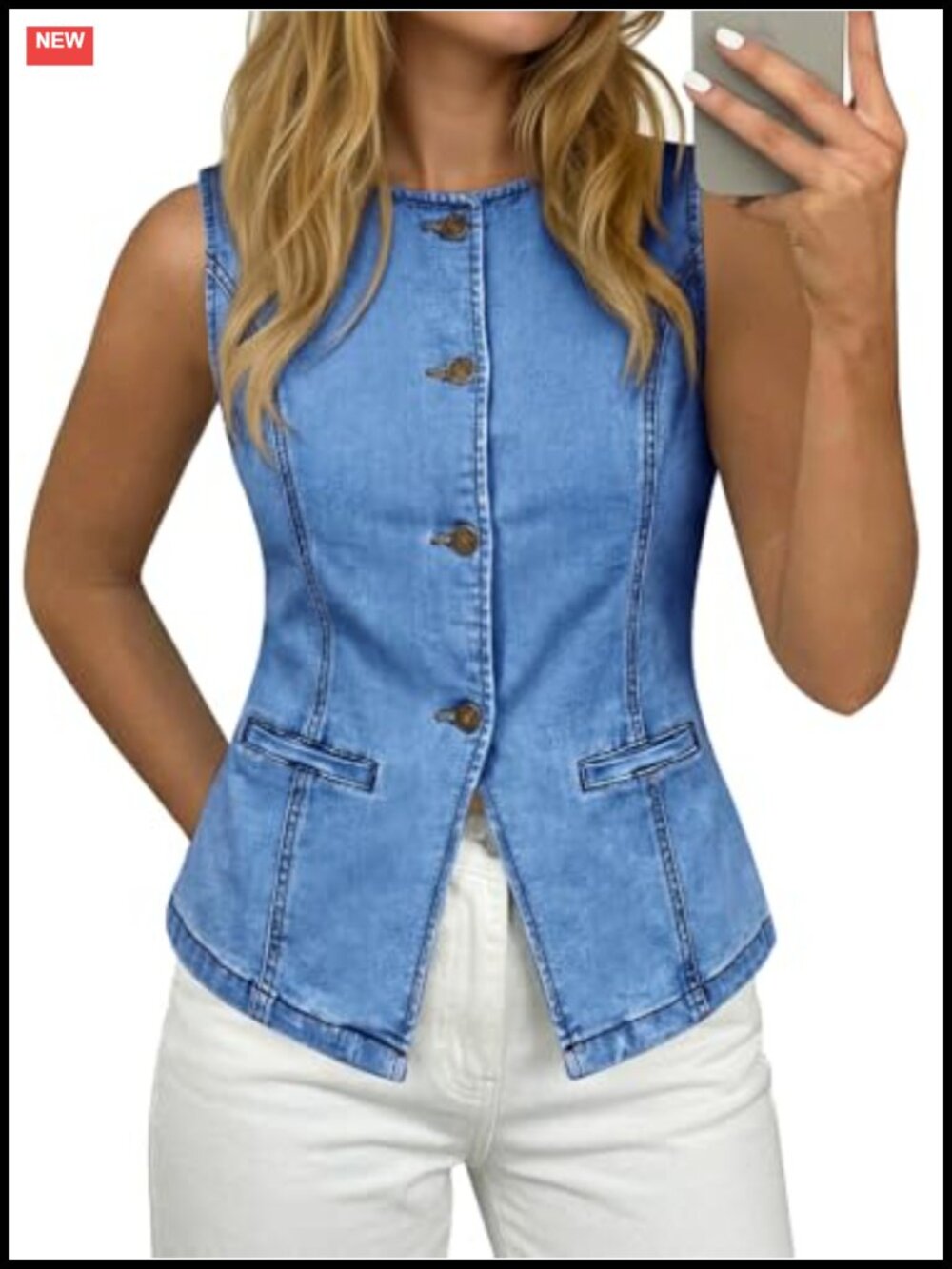 Women's Denim Vest Sleeveless Button Down Fitted Jean Vest